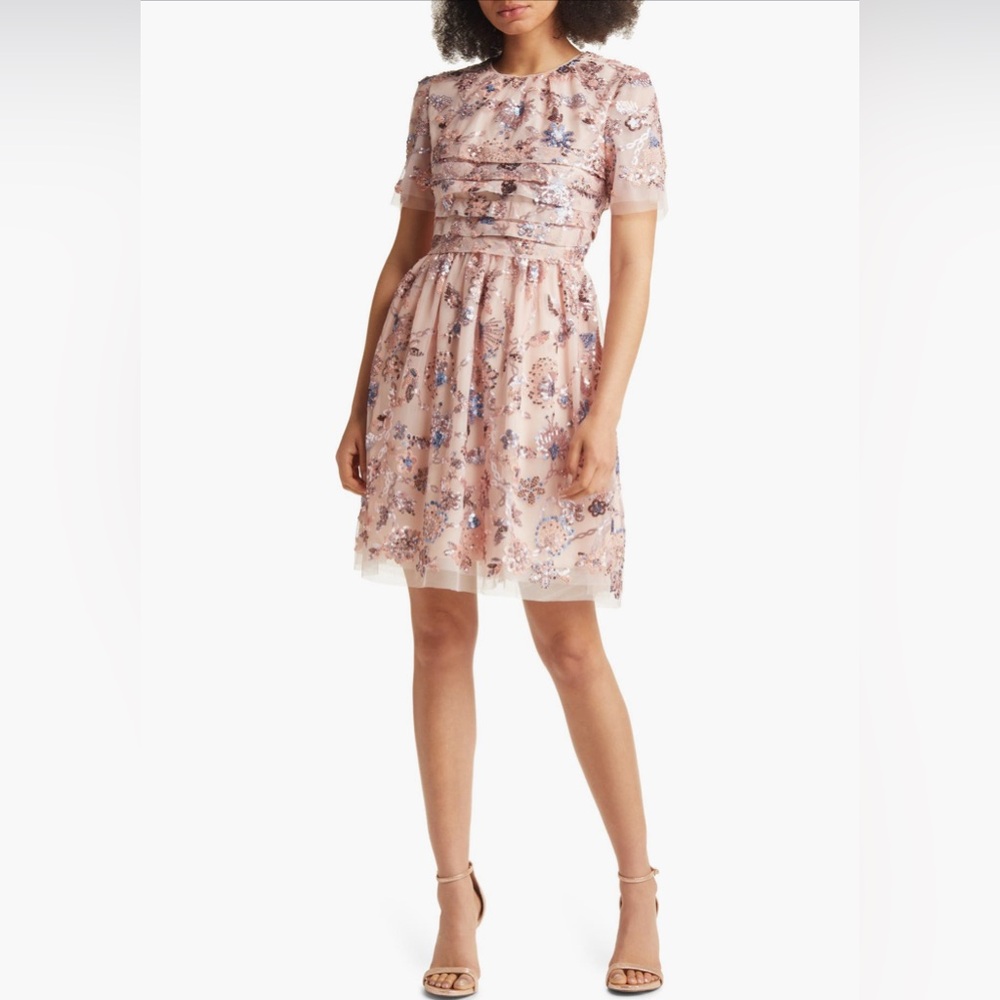 Nwt Rachel Parcell Pink Sequin Tulle Embroidered Short Sleeve Dress Size 6
